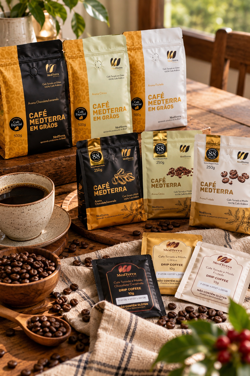 Linha de cafés especiais MedTerra Rural com cafés em grãos, cafés moídos e Drip Coffees nos perfis Chocolate/Caramelo, Cítrico e Frutado